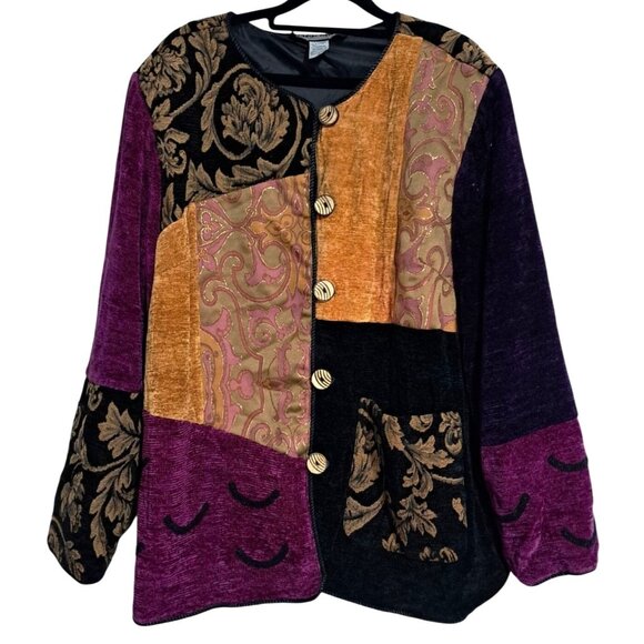 indigo moon Jackets & Blazers - Vintage Indigo Moon 1X Patchwork Velvet Jacket Gold Embroidered Boho Art to Wear